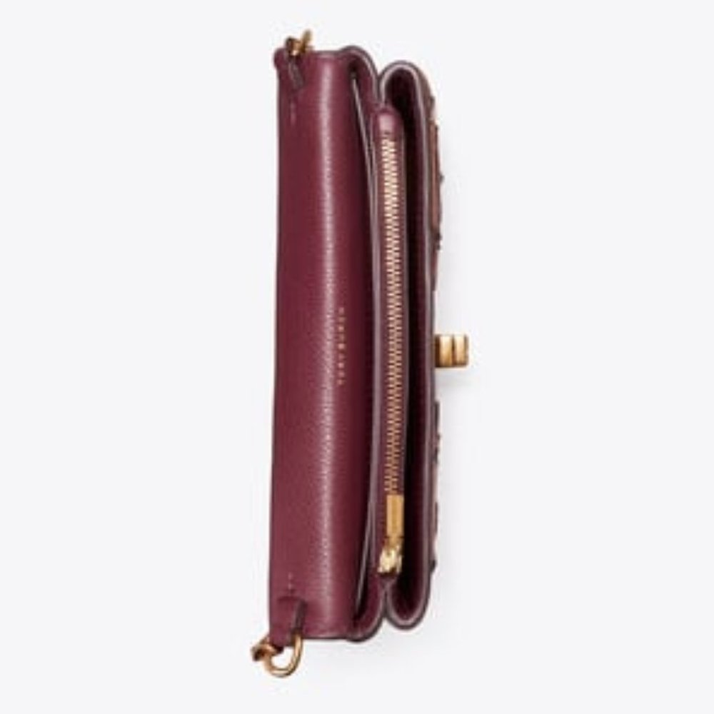 Tory Burch Kira Applique Floral Bag Brown Leather Handbag Burgundy Wine Purse NW - Picture 5 of 6